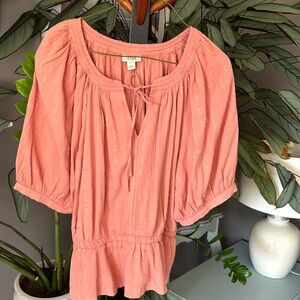 Split Tie Neck Elbow Sleeve Peplum Top